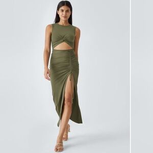 Round Neck Cut Out Ruched Drawstring Hem Bodycon Maxi Casual Dress